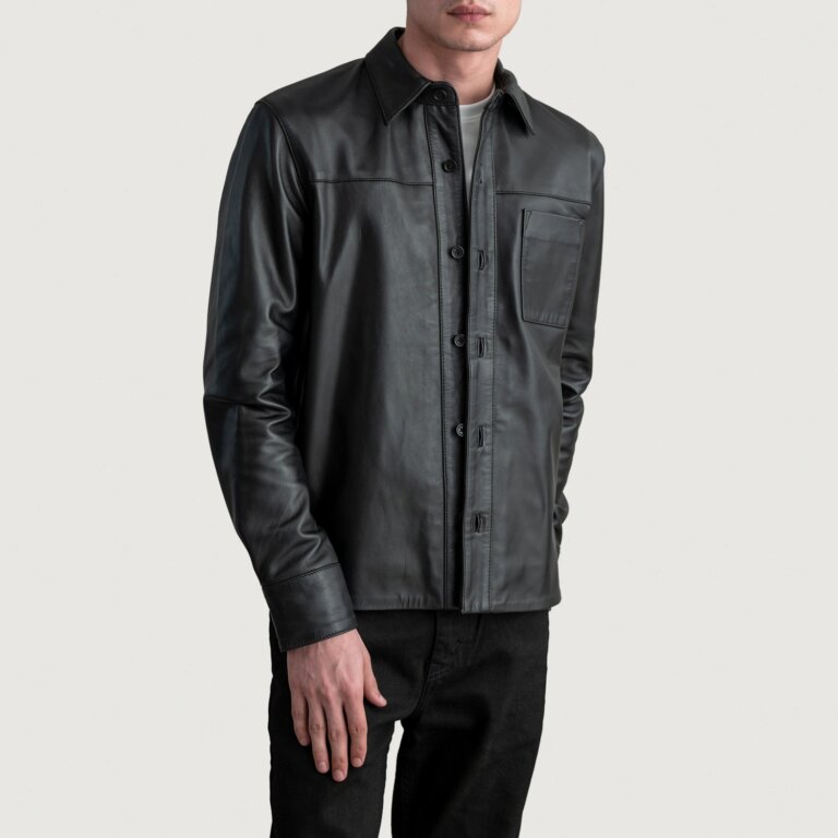 Mens Scout Black Leather Shirt Side Pose-3-1724247686364